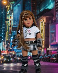 a doll is standing in the middle of a city street with neon lights behind her