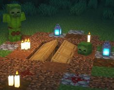 several candles are lit in the middle of a minecraft field with creepers and zombies