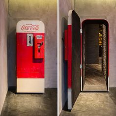 an old fashioned coca cola machine in the corner of a room next to a doorway