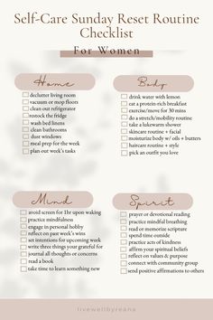 Are you seeking an ultimate self-care sunday reset checklist to feel fully prepared for the upcoming week? Here is your sunday reset self-care checklist starting inside your home to your spirit. This self-care Sunday reset checklist will give you clarity and confidence without additional stress in figuring out what to do. Nothing is better than a total self-care sunday reset routine to get your mind and soul right so you can relax and do something rewarding for your work!  self-care sunday checklist * self-care sunday * self-care ideas * sunday reset checklist self-care * sunday reset and self-care routine * self-care routine #selfcareroutine #selfcaretips #selfcaresunday #selfcare #selfcarechecklist #selfcarechallenge #holisticwellness Ultimate Sunday Reset, Self Care Checklist For Moms, Sunday Reset Checklist Cleaning, Weekly Reset Routine Checklist, Self-care Routine List, Weekend Reset Checklist, Sunday Reset Routine List, Home Reset Checklist, Self Maintenance Routine