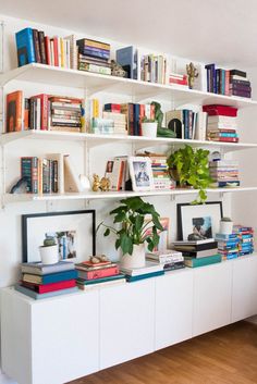 a bookshelf filled with lots of books next to a plant