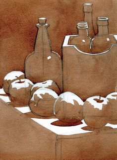 a drawing of apples and bottles on a table