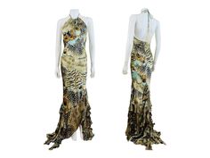 "S/S 2004 Roberto Cavalli Silk Dress Gown Incredible multi feather print silk fabric with gold glitter acents Halter neckline with with long ties with an iridescent beads and feathers at each end Keyhole cut at at the bodice Form fitted style with wide flared ruffled mermaid hem with cut out details Train in the back Open upper back Hidden zipper up the back Unlined Marked S, Measurements - Bust up to 18\", Waist 14\", Hips 19\", Length 70\" in front 75\" in back  (taken from top of dress at  neckline, dress is LONG /taken flat one side double where appropriate/ Excellent vintage condition, Clean + ready to wear Other: This is a vintage clothing item. It has been cleaned. None of my items smell like smoke, ever! Shipping: All shipping prices are through Priority Mail from the USPS and do i Ready To Wear Dress, Chic Closet, Gown Mermaid, Printed Silk Fabric, Silk Dressing Gown, Printed Halter Dress, Printed Dresses, Neckline Dress, Fitted Style