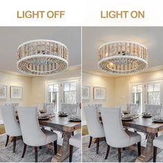 two pictures of a dining room with chandelier above the table and chairs below