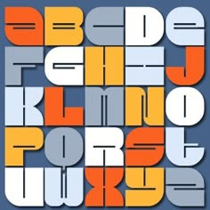 the letters are made up of different colors and sizes, including orange, yellow, blue, and grey