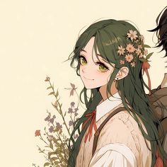 two anime characters with green hair and flowers in their hair, standing next to each other