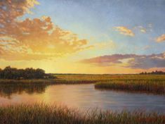 a painting of the sun setting over a marsh