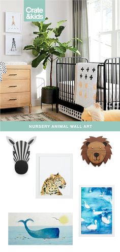 an image of a child's room with animals on the wall and pictures above it