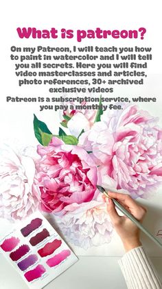 a woman is painting flowers with watercolors on the paper, and she has her hand holding a paintbrush