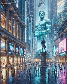 a painting of a man standing in the middle of a city