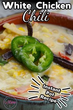 white chicken chili in a bowl with green peppers