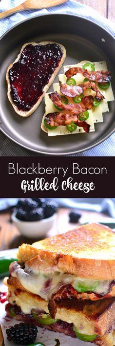 the black berry bacon grilled cheese sandwich is cut in half and ready to be eaten