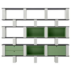 three shelves with green and white drawers on them