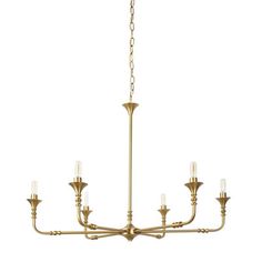 an antique brass chandelier with six candles on the arms and five lights hanging down