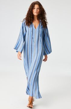 Striped Linen Beach Dress, Striped Linen Dress For The Beach, Striped Linen Dresses For Vacation, Striped Kaftan For Spring Vacation, Bohemian Striped Long Sleeve Kaftan, Spring Striped Kaftan For Beach Cover-up, Striped Long Sleeve Bohemian Kaftan, Bohemian Striped Kaftan For Beach Cover-up, Striped Long Sleeve Kaftan For Vacation