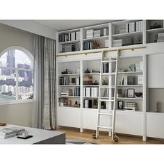 a living room with a ladder leaning up against the bookcases, and a window in the background