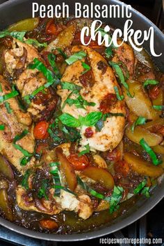 a skillet filled with chicken and vegetables on top of a stove next to the words, peach balsamic chicken