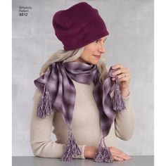 "Simplicity Sewing Pattern 8812 - Cold Weather Accessories... Hats In Three Sizes. Keep warm with these Misses' hats in sizes S (21\"), M (22\"), and L (23\"). Pattern includes 4 different hats, a scarf, and a cowl. Elaine Heigl Designs for Simplicity sewing patterns. SUGGESTED FABRICS: - A,B,C,D Hat and Hat Lining and E Scarf in Fleece, Minky Fleece, Novelty Knit. - D Brim Contrast in Broadcloth. - F in Wool Types - B Flap Contrast also in Sherpa. SIZES: All Sizes (A) Retail Price: $19.95 THIS Sewing Challenge, Plus Size Kimono, Fabric Sewing Patterns, Different Hats, Kwik Sew, Sewing Doll Clothes, Pattern Brands, Simplicity Sewing, Simplicity Sewing Patterns