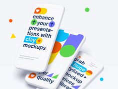 three mobile phone mockups with colorful shapes and text on the front, back and sides