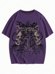 Men Loose T-Shirt With Gothic Dark Skull And Cross Print For Halloween Purple Street  Short Sleeve Fabric Animal,Halloween,Letter,Butterfly  Slight Stretch  Men Clothing, size features are:Bust: ,Length: ,Sleeve Length: Unisex Oversized Shirt, Drip Clothes Men, Purple Grunge Outfits Men, Y2k Clothing Men, Emo Mens Fashion, Purple Grunge Outfits, Kuromi Shirt, Baggy Clothes Style, Grunge T Shirts