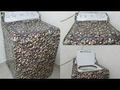 two pictures of an old washing machine made out of rocks and pebbles, with the front panel removed