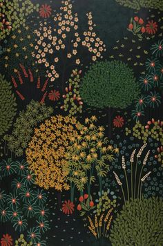 an image of a painting with flowers and plants in the foreground, on a black background