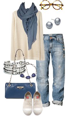 simple-wardrobe I love this, but once you hit a certain age, sloppy/torn jeans just don't work, but you can still wear a faded jean. idées de looks avec un foulard pashmina en hiver pour femme Fashion Trends Winter, Mode Casual, ��가을 패션, Fashion Over 50, Fashion Mode, Polyvore Outfits, Look Fashion, Stitch Fix, Autumn Winter Fashion