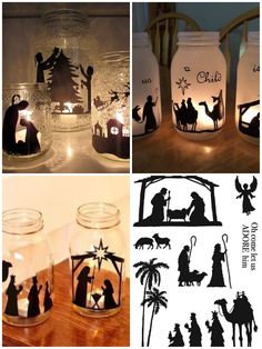 nativity scene in mason jars with candle lights and silhouettes on the lids for decoration