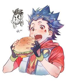 a drawing of a boy holding a hamburger in one hand and eating it with his mouth open