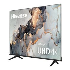 the uhd 4k tv is shown in black and white marble with gold accents