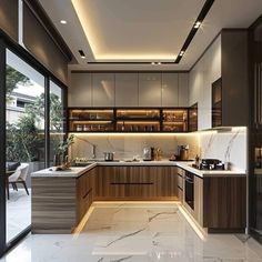 modern kitchen with marble flooring and wooden cabinets