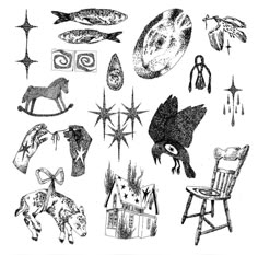 an ink drawing of various items and animals in black and white, including a rocking chair