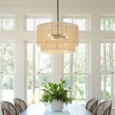 a chandelier hanging over a dining room table with chairs and a potted plant