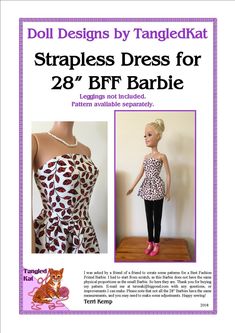 *NOTE: This is a digital download only, you will not receive a physical item. You will need to be able to download and print the pattern, and have the sewing ability to create the items using it.* This strapless dress pattern has lots of potential for cute outfits that will look so cute on Best Fashion Friend Barbie. With Velcro fastening at the back, this pattern will make many sweet dresses to inspire the imagination of Barbie's BFF! Quilting cotton is the perfect weight fabric for this dress, and comes in loads of different beautiful colours. Jazz it up by using dance-weight satin, add pretty bows or ribbon straps, coloured buttons or sparkly beads, or choose brightly patterned fabric, to make a very individual item. The pattern includes details of the different lengths required to crea Strapless Dress Pattern, Barbie Sewing, Sweet Dresses, Sewing Things, Barbie Crochet, Barbie Gowns, Barbie Stuff, Barbie Patterns, Dolls Clothes