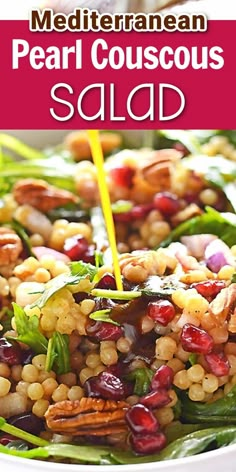 a white plate topped with beans and spinach next to a red sign that says mediterranean peal couscous salad