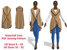 a woman wearing a vest and pants with the text water fall vest pdf sewing pattern us sizes 6 - 28 uk sizes 10 - 32