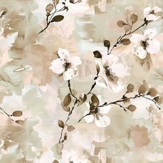 an abstract floral painting with white flowers on a beige and pink background is featured in this image