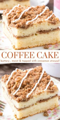 two slices of coffee cake with white icing on top