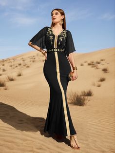 Black Party Collar Half Sleeve Fabric Plants Fitted Embellished Non-Stretch All Women Clothing Egyptian Clothing Women, Modern Egyptian Fashion, Egyptian Inspired Fashion, Egypt Dress, Egyptian Dress, Egyptian Clothing, Arabic Clothing, Egyptian Fashion, Fairytale Fashion