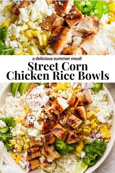 chicken rice bowls with corn and green peppers on the side, in a white bowl