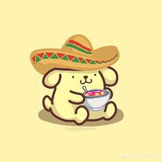 a cartoon bear wearing a sombrero and eating a bowl of soup with a straw