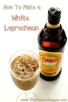 a bottle of white leprechaun next to a glass filled with ice cream