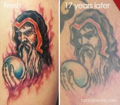 two pictures of tattoos with different designs on the side of their arms, one showing an evil man holding a bowling ball