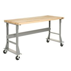 a workbench with wheels and a wooden top