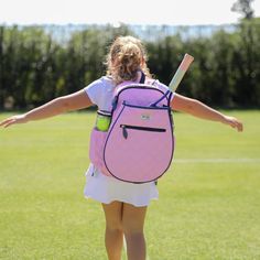 "\"BIG LOVE\" Tennis Backpack by Ame & Lulu - Tennis Racquet Bag fits ages 7 - 11 years  For the little ones ages 7-11, the Big Love Tennis Backpack screams game, set, match. With a racquet shaped pocket, this tennis backpack is functional and fun all at the same time. PINK/BLUE TIE DYE - Blue trim CORAL TENNIS GRID - Coral trim with yellow tennis balls NAVY BLUE STRIPES - Navy and blue stripes with neon green trim NAVY CAMO - Navy trim PINK BLUE SORBET - Pink trim QUILTED BLUSH - Blush pink quilted with navy trim SWEETHEARTS - White with multi color hearts and navy trim HELLO LOVE - White with navy, pink, & lime words with navy trim PEACE LOVE TENNIS - Navy with pink hearts, green tennis balls, & white peace signs, navy trim Nylon. Padded, adjustable strap. Zip closure. Two exterior water Tennis Racquet Bag, Golf Shoe Bag, Racquet Bag, Tennis Backpack, Game Set Match, Kids Tennis, Navy Camo, Tennis Accessories, Tennis Bags