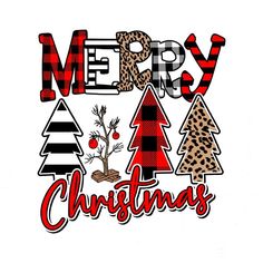 merry christmas with trees and leopard print on the bottom right hand corner in red, black, and white