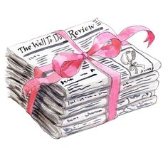 a stack of newspapers wrapped in pink ribbon