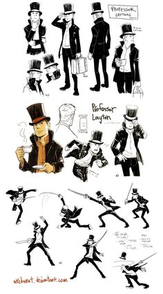 some sketches of people in different poses and hats, one with a top hat on his head