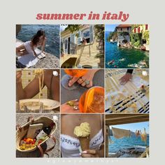 a collage of pictures with the words summer in italy on them and images of people eating