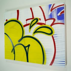 an abstract painting with yellow apples and blue, red, and white stripes on it